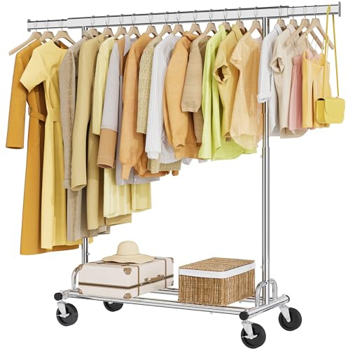 Tajsoon Portant à vêtements pour charges lourdes, jusqu'à 159 kg, sur roulettes, avec barre extensible, pliable, avec étagère de sol, pour usage commercial, chromé