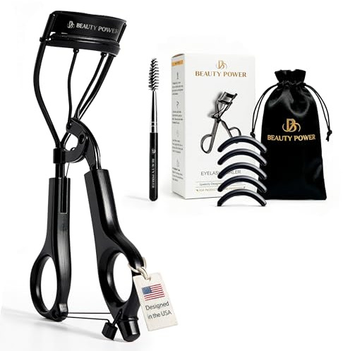 Beauty Power Eyelash Curler - Precision Lash Lift in Seconds with 5 Replacement Pads, Eyebrow Brush & Satin Travel Bag - Gentle & Safe, Stainless Steel for Perfect Extra Curls - Gift Idea (Extra Curl)