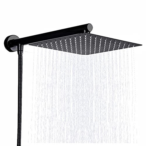 Regenduschkopf aus Edelstahl, quadratisch, mit ultradünnem Design, 38,1 cm, Messing-Duscharm, 150 cm, Edelstahlschlauch, Wandmontage, Chrom und schwarzer Wasserfall-Duschkopf, 20,3 cm