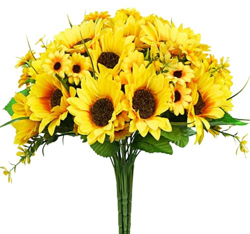 Woltoy 5 Bunches Artificial Sunflower Bouquets, Realistic Artificial Flowers Silk Sunflower for Vase, Outdoor Indoor Home Décor, Weddings, Party Decoration