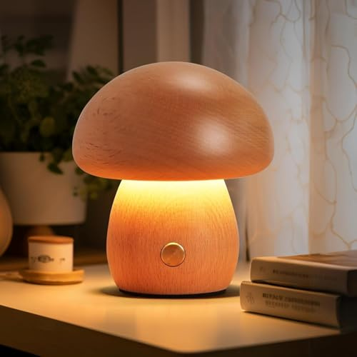 AIEHOUSE LED Cordless Bedside Touch Lamp, Small Wood Mushroom Rechargeable Lamp, Portable Dimmable Battery Cute Mushroom Lamp for Bedroom Nightstand