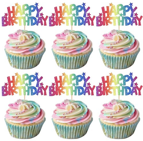 Xsstarmi 24 Pack Happy Birthday Theme Cupcake Toppers Colorful Glitter Star Boys Girls Princess Birthday Theme Cupcake Picks Decoration for Baby Shower Happy Birthday Party Cake Decorations