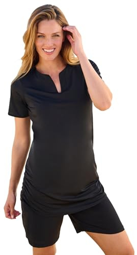 Swim 365 Women's Plus Size Split-Neck Short-Sleeve Swim Tee with Built-in Bra - 16, Black