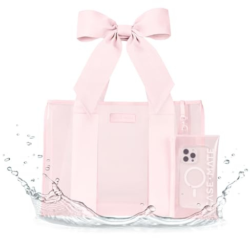 Case-Mate Pink Bow Jelly Tote - Lightweight Tote Bag with Phone Pouch for Women - Waterproof, Tip-Proof, Foldable & Washable - Handbag for Everyday Use, Travel, Pool & Vacation - Large