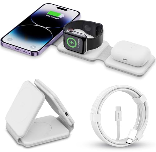 Mag-Safe Ladestation ANFIL® - Faltbare Kabelloses Apple Ladegerät 3-in-1, 15W - Folding Wireless Charger - Kompatibel mit iPhone 12-16 Serie, Apple Watch Ultra/8/7/6/5/4/3/2 und AirPods (Weiß)