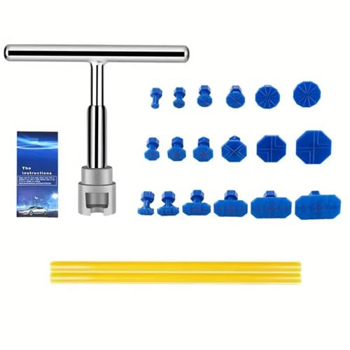 Laluky Car Dent Puller Kit, Auto Body Dent Remove Pulling Tool Car Den-t Removal Repair Tools Kit with Short T Shape Ergonomic Handle/Adhesive Strips Efficient Automobile Body Repairing(COLOR:silver)
