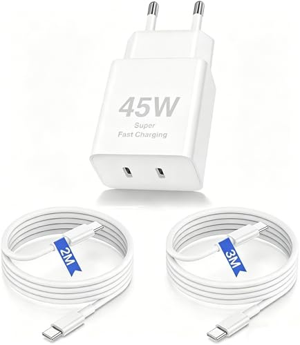 45W USB C Ladegerät mit Kabel 2M+3M für iPhone 17 16 15, 2Pack Lang USB C auf C Ladekabel mit 2-Port Typ-C Adapter Netzteil Stecker für Apple iPhone 17 Pro Max/17 Air/16e/15 Plus,iPad Pro/Mini,MacBook