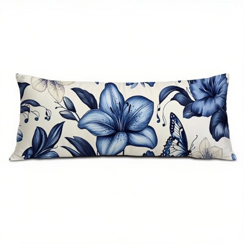 Federe Cuscino Letto 30 x 90 cm, Cuscini per Divano in Lino Cotone Morbida e Traspirante, Blu Copricuscino Letto con Cerniera Invisibile Federe Cuscini per Decorativi Camera da Soggiorno Fiore Q-188