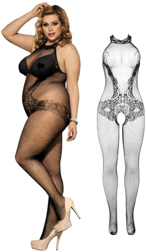 ohmydear Women's Lace Bodystockings Fishnet Babydoll Plus Size XS-5XL Black