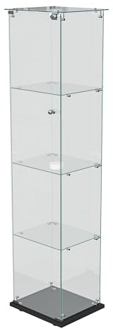 Glas Vitrine mit LED, Glasvitrine Standvitrine mit Tür und Schloss, Vitrine Beleuchtet für Sammlungen, 4 Lagen Sammlervitrine Vitrinenschrank, für Schlafzimmer Büro (klein+Schwarz Base+Sensorlicht)