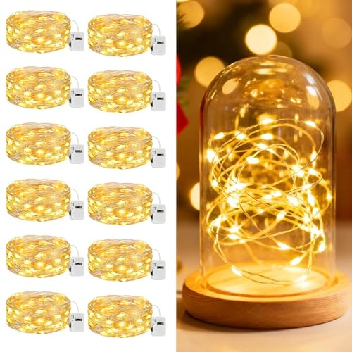 litogo 12 Stück Mini Lichterkette mit Batterie, 2M 20 LED Lichterkettenbatterie mit 3 Modi, Wasserdicht Kleine Lichterketten Batteriebetriebene für Hochzeit Party Innen Weihnachten Deko, Warmweiß