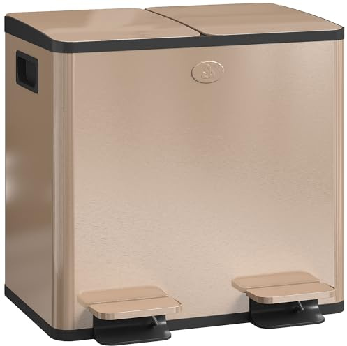HOMCOM Dual Kitchen Bin 2 x 15L Stainless Steel Soft Close Lid Gold Tone | Double Rubbish Bin, Removable Inner Buckets, Fingerprint-Proof, for Recycling and Waste