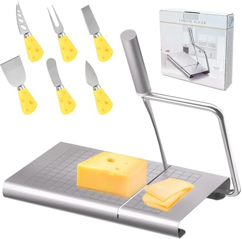 SHOUNAJIA Cheese Slicer Cutter, Stainless Steel Cheese Cutter Board with Blade and Measuring Grids for Block Cheese, Butter, Sausages, Bread, Vegetables, with 6 Cheese Knives, Dishwasher Safe