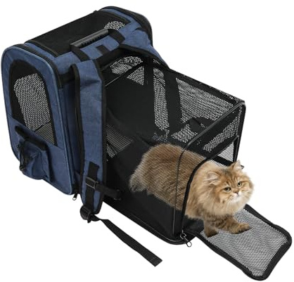 HUOMMGS 2 In 1 Hundetrolley & Katzenrucksack mit Atmungsaktivernetz, 4 Räder Tragbare Hundewagen Bis 15KG Katzenwagen Hunderucksack Katzen Wagen Multifunktionaltierrucksack für Wandern (Blau)