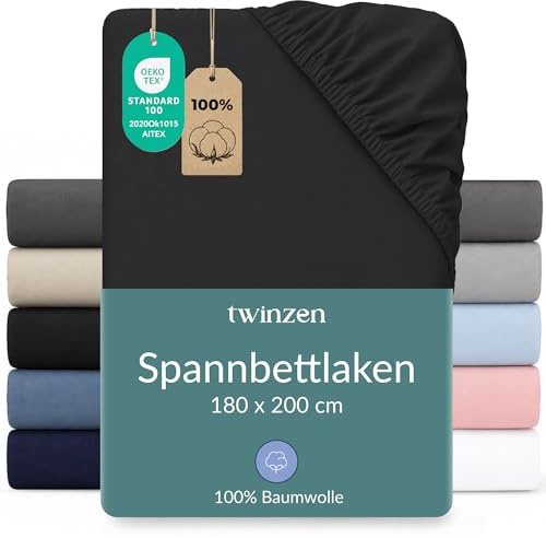 Twinzen Spannbettlaken Baumwoll-Jersey 180x200 Schwarz Steghöhe 30 cm | Weich & hautfreundlich · Atmungsaktiv · Rundumgummi für sicheren Halt · Waschbar bei 60 °C · OEKO-TEX zertifiziert
