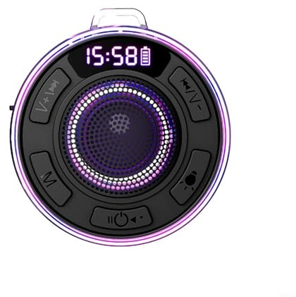 Glomc IPX7 Wasserdichter Dusch-Lautsprecher, tragbarer BT-Lautsprecher mit RGB-Lichtern, 360°-Sound und FM-Duschradio, abnehmbarer Saugnapf für Badezimmer, Pool, Party (schwarz)