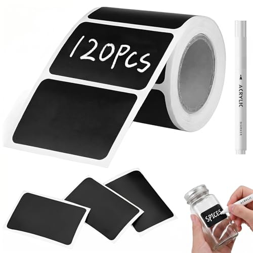 120 Etiquetas Adhesivas de Pizarra para Botes de Cocina, Pegatinas Impermeables 5.5x3.5cm con Rotulador Blanco, Etiquetas para Tarros de Especias, Despensa, Congelador y Frascos, PVC