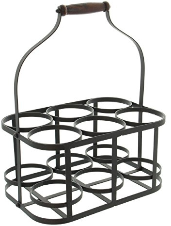 FRANK FLECHTWAREN Flaschenkorb Metall, für 6 Flaschen in dunklem Antikton, Metall mit praktischem Holzgriff
