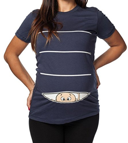 T-Shirt Lunga da Donna Ideale per Il Premaman. Bimbo Che esce dalla Zip Stampa Divertente by tshirteria