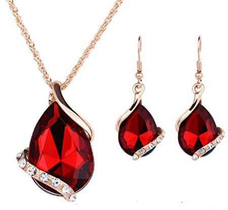 IzuBizu London Womens 18CT Gold Plated Colour Gold Red Tear Drop Shape Necklace and Earrings Jewellery Set Anniversary Wedding Birthday Christmas