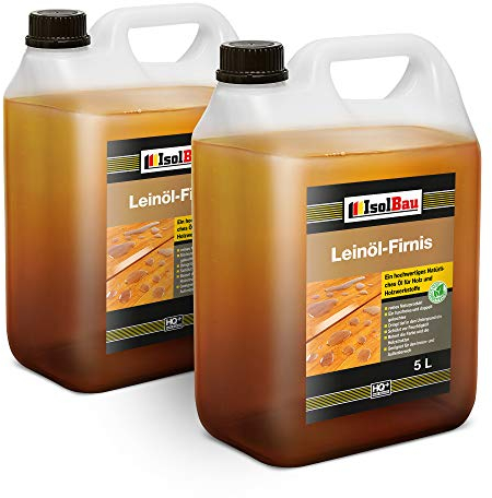 Isolbau Leinöl-Firnis - 2 x 5 Liter - Leinöl für Holz - Holzschutz für Außen und Innen Wetterfest - Doppelt gekochtes Holzöl als natürlicher Schutz für Möbel - Wasserabweisend