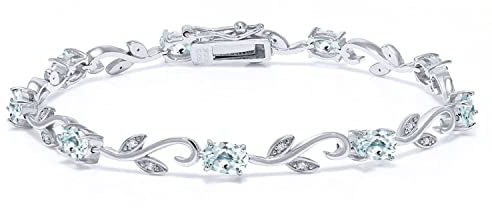 Gem Stone King 4.63 Cttw Oval Sky Blue Aquamarine and Diamond Greek Vine Tennis Bracelet For Women In 925 Sterling Silver | Gemstone Birthstone | Oval 6X4MM | 7 Inch