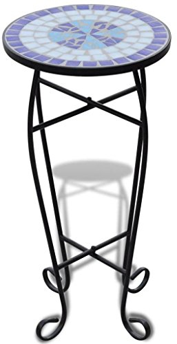 Tidyard Mosaiktisch Mosaik Beistelltisch Bistrotisch Balkontisch mit Eisenrahmen, Rund,30 x 60 cm (? x H), Wei?-Blau