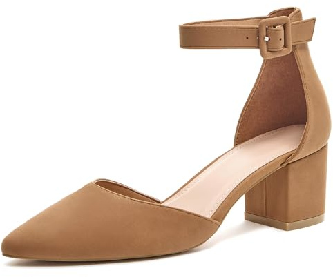 LAICIGO Women’s Pointed Toe Pump Ankle Strappy Buckle Chunky Block Heel Dress D'Orsay Shoes Brown Leather