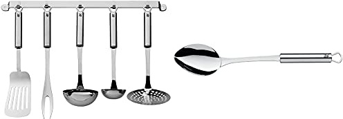 WMF Profi Plus Küchenhelfer Set 6-teilig, Hängeleiste mit 5 Helfer, Schöpflöffel, Schaumlöffel & Profi Plus Servierlöffel 32 cm, Cromargan Edelstahl teilmattiert, spülmaschinengeeignet