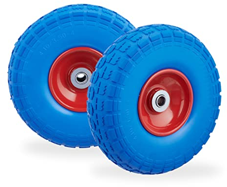 Relaxdays Set of 2 Wheelbarrow Tyres, Puncture-Proof Solid Rubber, 4.1/3.5-4, 16 mm Axle, Spare Wheel, Blue/Red