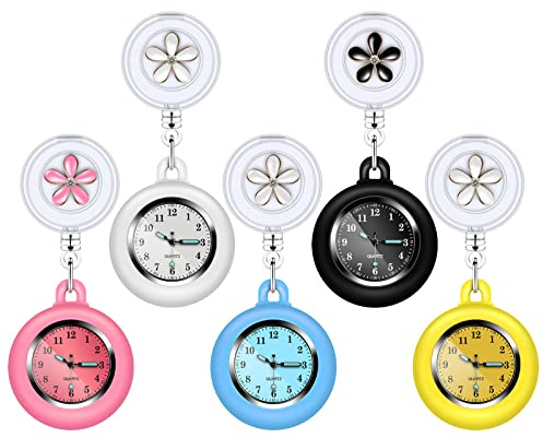 Vegena Orologio da infermiera, 5 pezzi, retrattile, per infermiera, orologio da infermiera, orologio da taschino, orologio da tasca con clip per uomo e donna, a, Funzionale