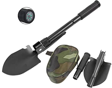 Military Small Folding Camping Shovel, Mini Compact Pickaxe with Carrying Pouch for Gardening, Off Road, Hunting, Car Emergency, Remove Ice (Black)