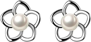 Reffeer 925 Sterling Silver Flower Earrings Studs for Women Teen Girls Petite Pearl Flower Studs Earrings (A-Silver)