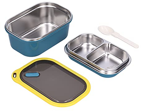Tiiyee Stainless Steel Bento Box, 1.2L Double Layer Leakproof Lunch Container for Adults and Kids Square Food Storage Box with Detachable Spoon For School Office Picnic Travel (Blue)