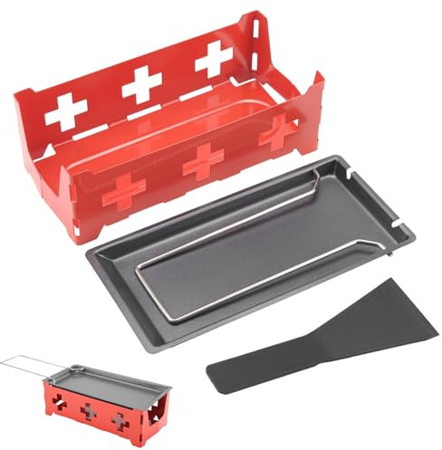 Portable Cheese Raclette Set, Red Hob Baking Pan Small Spatula Shovel Turnner, Non-Stick Cheese Raclette Rotaster Baking Tray Stove Set Home Kitchen Grilling Tool for Cheese, Meat, Fish, Vegetables