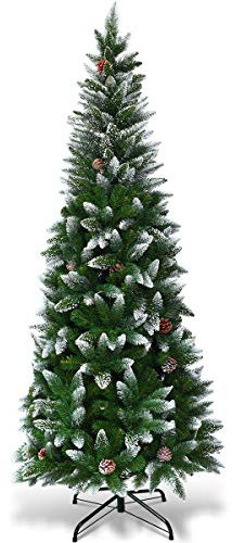 COSTWAY 5FT/6FT/7.5FT Artificial Christmas Tree, Snow Flocked Pencil Trees with Pine Cones and Metal Stand, for Xmas Indoor Décor