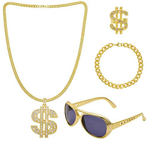 jerbro 4er Gangster Dollar Kette & Ring Armband Gold Brille 70er 80er 90er Hustler Rapper Hiphop Kostüm Bad Taste Faschingszubehör für Halloween Cosplay Fasching Karneval Mottopartys