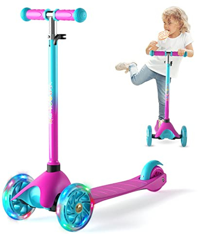 XJD Monopattino per Bambini a 3 Ruote Lampeggianti, 3 Altezze Regolabili, Monopattino per Bambino 2-8 Anni, Con blocco della direzione fissa，Carico massimo 20kg (verde rosato)
