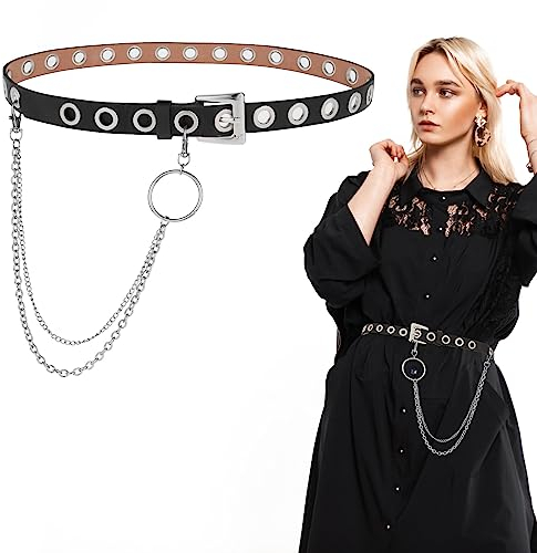 Bewudy Kettengürtel Tülle Ledergürtel mit abnehmbarem Nietengürtel Kette Metall Punk Rock Jeans Hüftgürtel für Frauen Männer