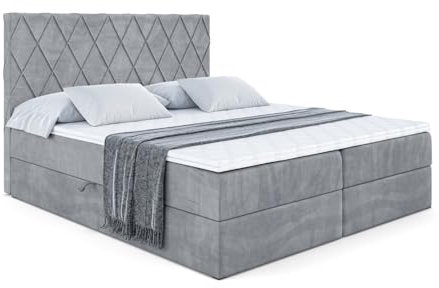 ALTDECOR Boxspringbett mit Matratze und Lattenrost, Boxbett, Topper, Polsterbett mit Bettkasten, Bett mit Stauraum H3-Matratze, Doppelbett, Springboxbett - LEPARO - 180x200 - Grau Samt