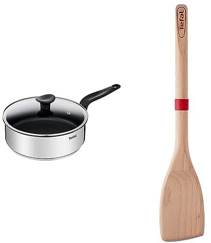 Tefal Primary sauteuse 24 cm + couvercle verre, Garantie 10 ans, Acier inoxydable de première qualité, Revêtement antiadhésif sain, Induction E3093204 & K2300814 - Ingenio Bois - Spatule