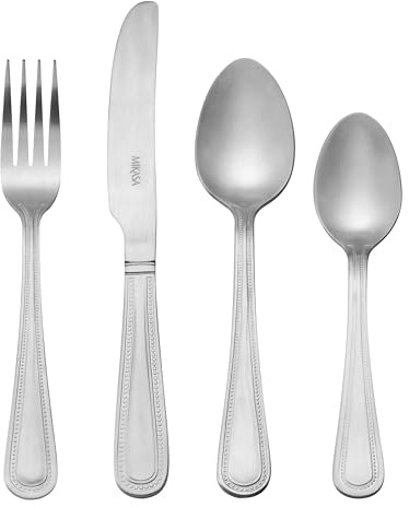 Mikasa Portobello 16pc Edelstahl Besteck Set, Silber Besteck Set für 4 | Enthält 4x Messer, 4x Gabeln, 4x Dessertlöffel und 4x Teelöffel - Spülmaschinenfest