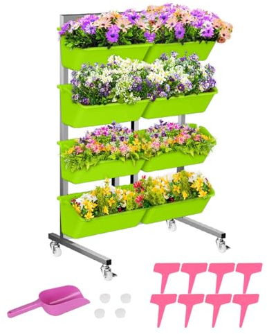 Vertikales Hochbeet mit 4 Etagen, Edelstahl Mobiler Blumenkasten Blumentreppe Pflanztreppe, Gemüsebeet Kräuterbeet Pflanzkübel Frühbeet Blumenbeet, Vertikalbeet für Garten Terrasse Balkon (Hellgrün)