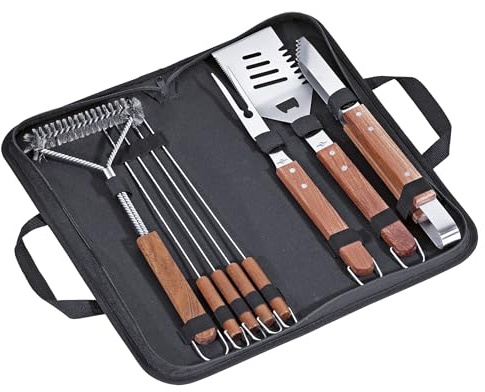 Köksprofi BBQ-set Texas, 8 delar, rostfritt stål, grillbestickset bestående av köttgaffel, grilltång, grillspatel, grillborste, 4 spett, trähandtag, i svart nylonväska