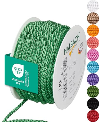 Halbach Seidenbänder Cordoncino premium (verde brillante), larghezza 4 mm, lunghezza 25 m, prodotto in Germania e certificato Öko-Tex, cordoncino in raso lucido in acetato