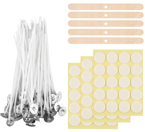 100 Pezzi Stoppini per Candeles, Stoppini in Cotone per Candele da 15cm, Stoppino per Candele Naturali con Porta Stoppino in Legno e Adesivi per Bifacciali Fare Candeles