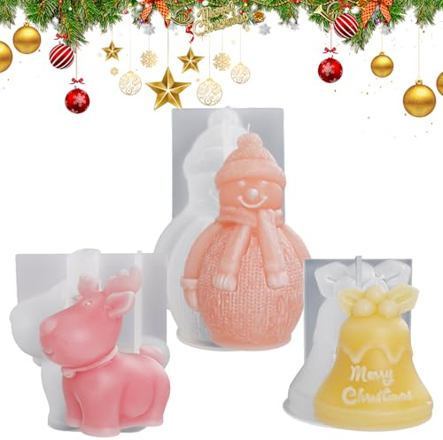 Norhogo 3 Stück 3d silikonform weihnachten, silikonform weihnachten kerzen set, Silikonform 3D Schneemann, Hirsch, Glocke, weihnachtskerzenbecher formen für Herstellung von Kerzenständern
