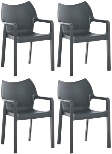 CLP Gartenstuhl 4er Set wetterfest stapelbar, Kunststoff Gestell, modern mit Nicht verstellbaren Armlehnen, Serie Diva Farbe dunkelgrau