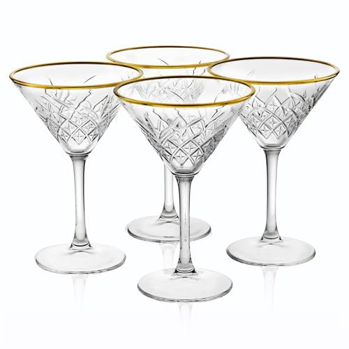 Queensway Home & Dining Martini Glass Set with Gold Rim - Tall Elegant Drinkware for Cocktails, Martinis, Cosmopolitans - Premium Clear Glass - Fancy Barware for Special Occasions, 230ml 4 Pc Sets