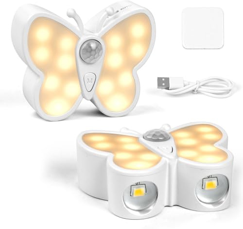 URAQT 2PCS Butterfly Night Light, Motion Sensor LED Rechargeable Night Light, Dimmable with 3 Colour Modes,with Auto/ON/Off, Wireless Magnetic Wall Sconce for Kid Room, Bedroom, Hallway